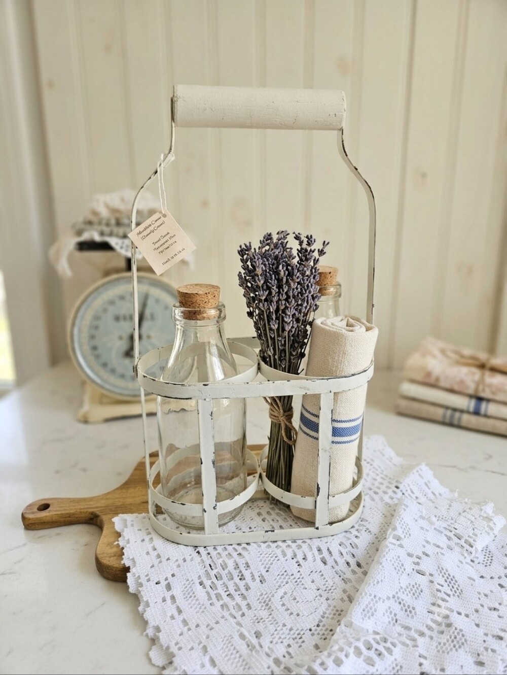 Rustic White Metal 2-Bottle Carrier Caddy with Wooden Handle | Farmhouse Decor
